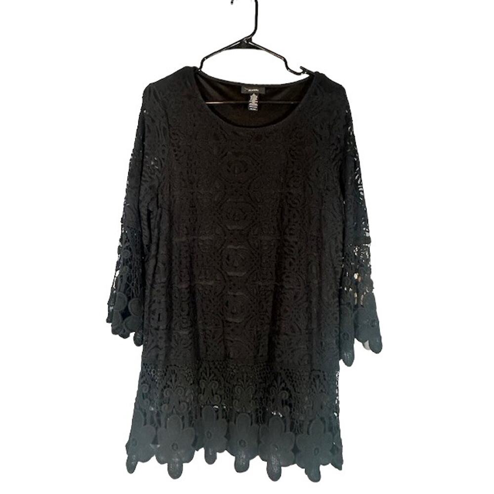 Alfani Black Long Sleeve Lace Applique Detail Scalloped Trim Blouse Women Sz L